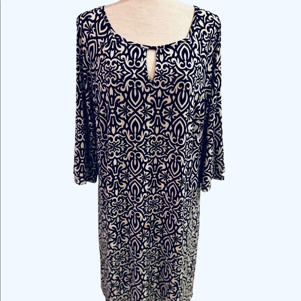 Laundry Shelli Segal Dress Black &White keyhole neck Scroll Pattern Black Lining - Picture 5 of 12